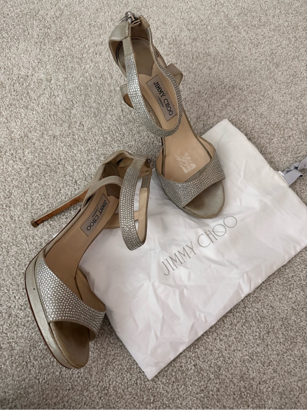 Jimmy Choo Silver Crystal-Embellished Strappy High Heels vintage